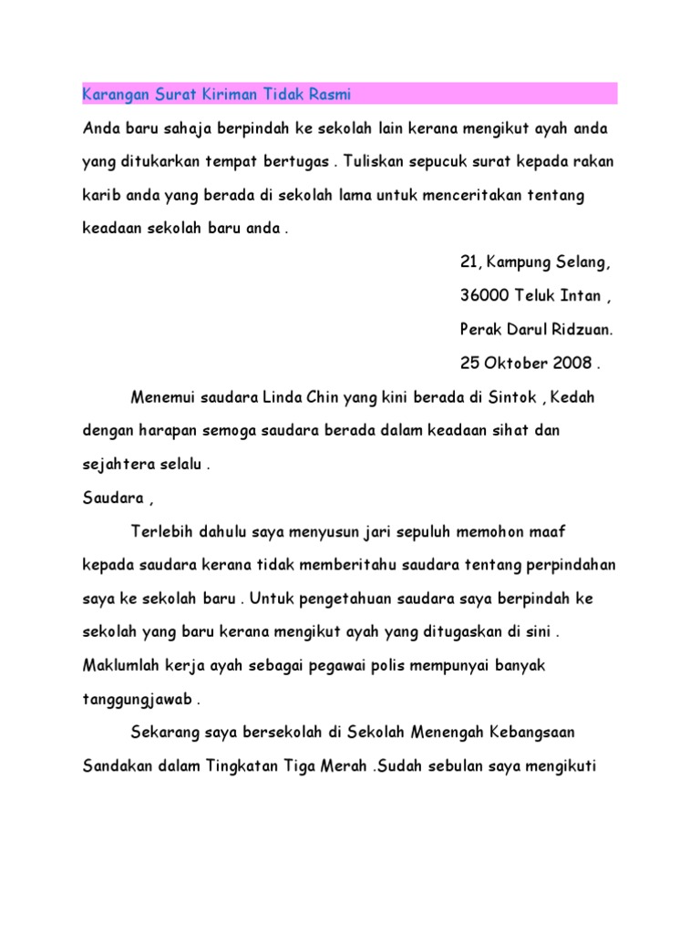 Contoh Karangan Surat Rasmi Tentang Tidak Hadir Ke Sekolah