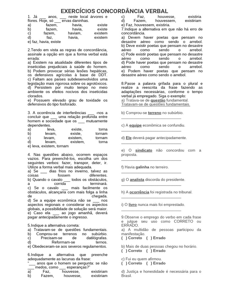 EXERCÍCIOS CONCORDÂNCIA VERBAL 301 | PDF