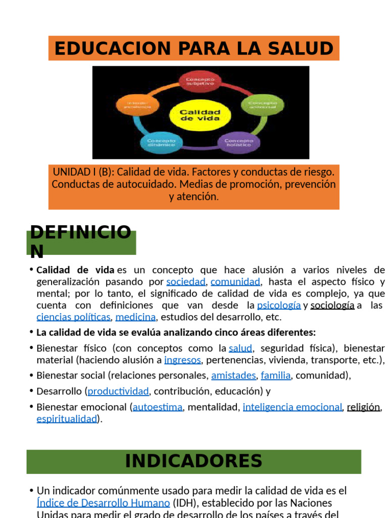 Educacion para La Salud Unidad I (B) Calidad de Vida | PDF