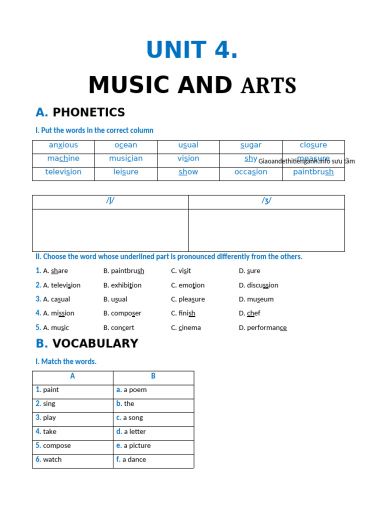 Bài tập bổ trợ Anh 7 Global Bùi Văn Vinh có key. UNIT 4. MUSIC AND ARTS ...