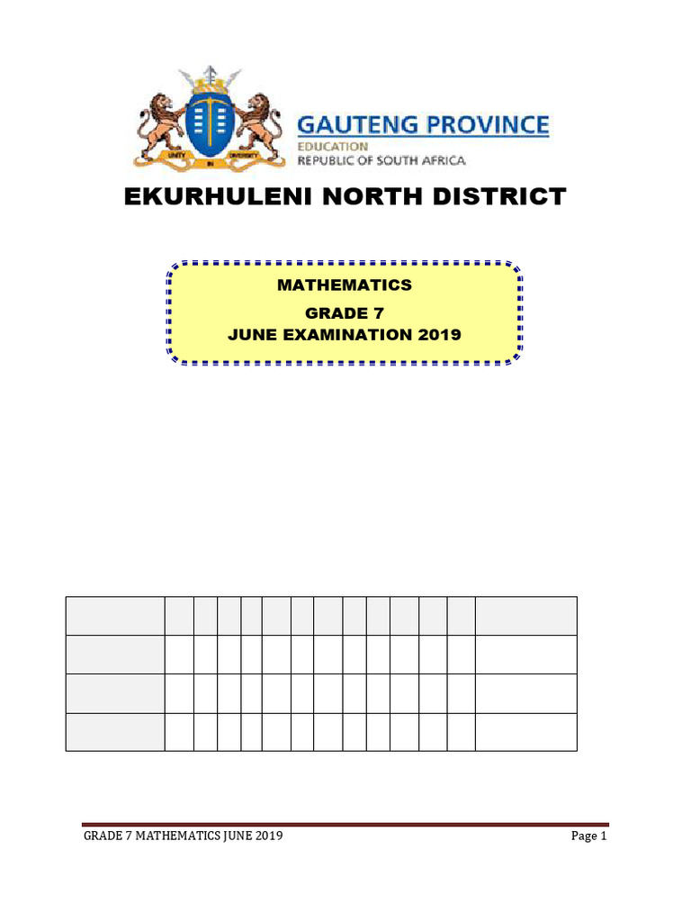 Grade 7 June Maths Exam 2019 | PDF | Line (Geometry) | Elementary Geometry