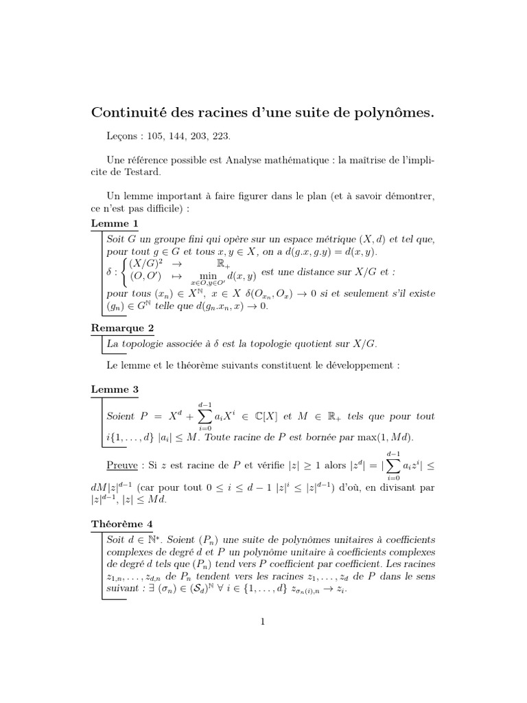 Continuité Racines Polynômes PDF — free download