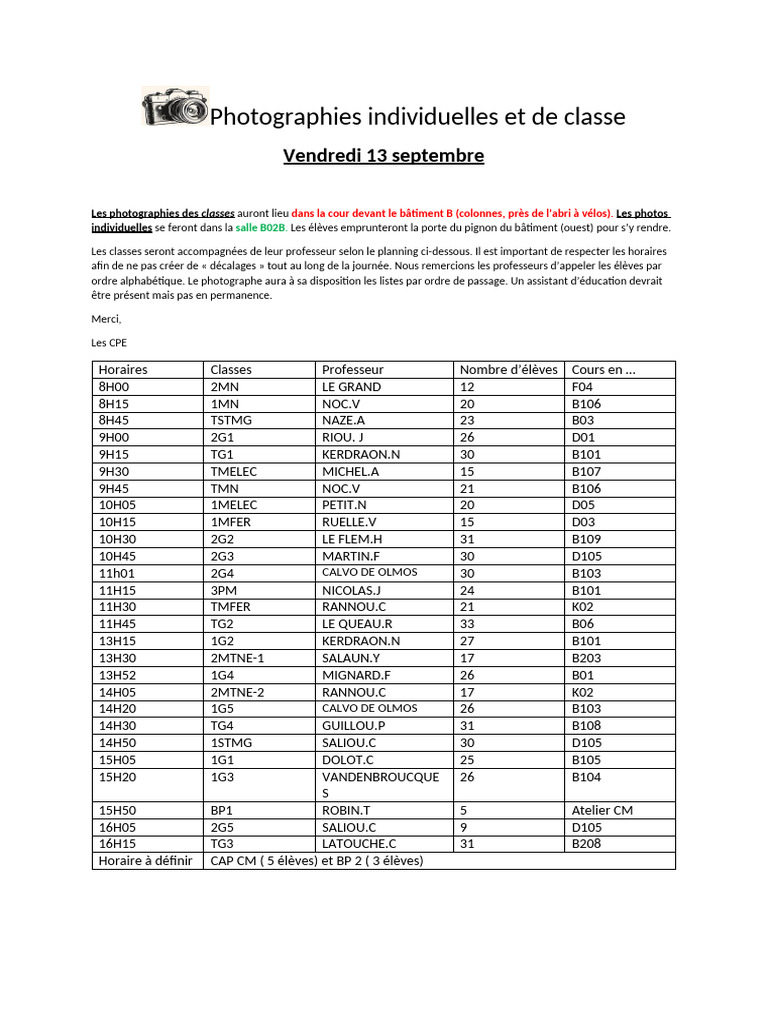 Planning Photos de Classes 2024 Trame Terminée V Siclay | PDF
