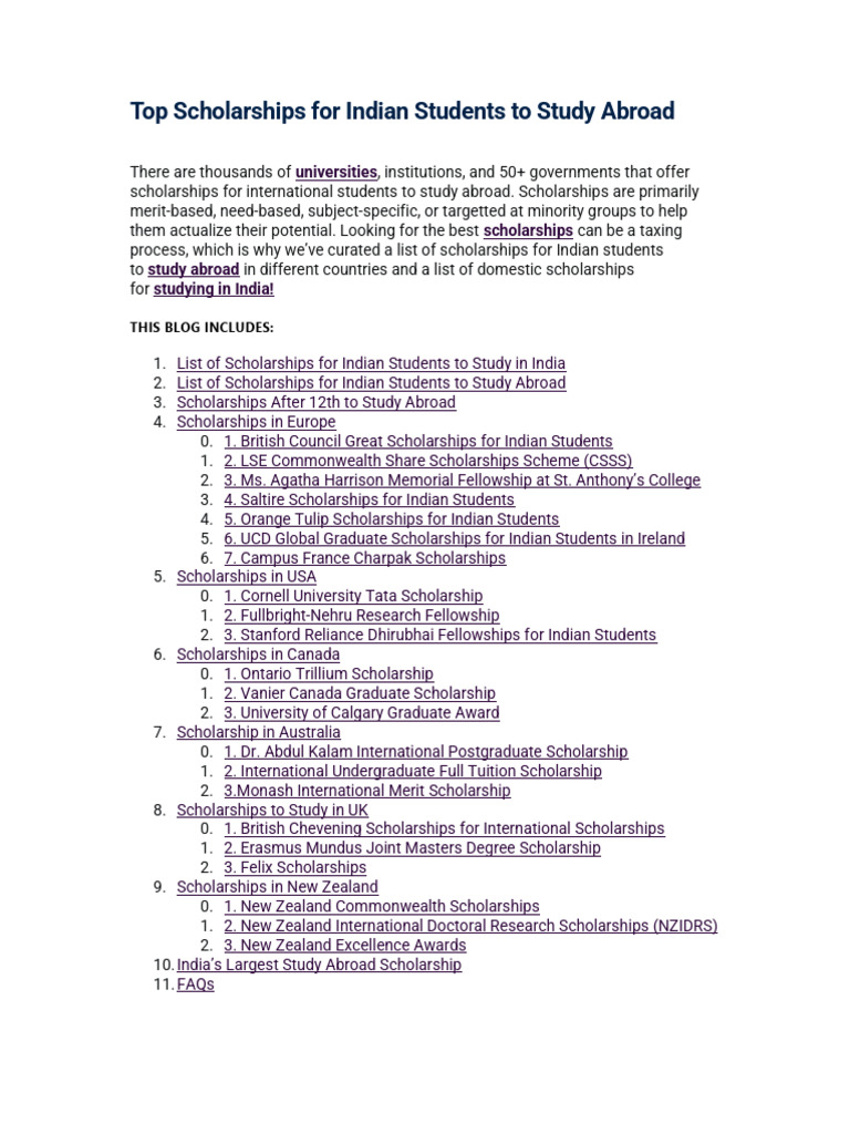 Top Scholarships For Indian Students To Study Abroad | PDF