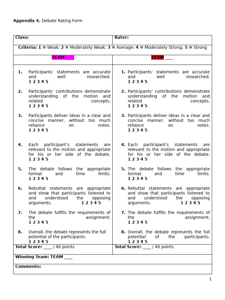 Appendix 1 Debate Rating Form | PDF