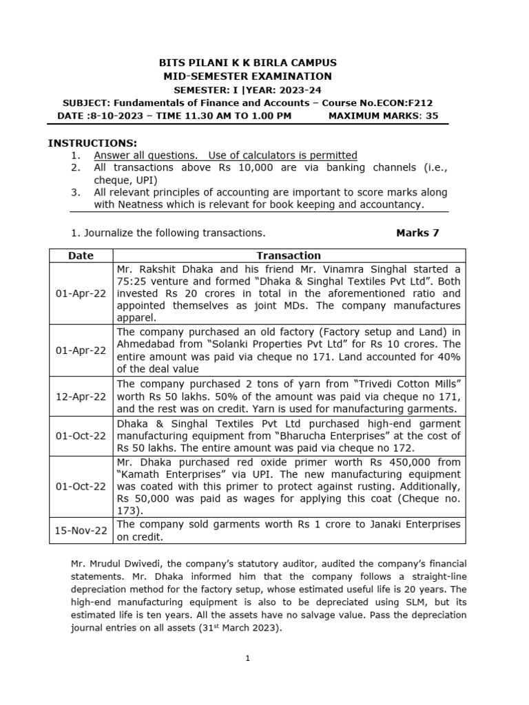 Solution BITS Mid Sem Question Paper SEM I 2023-24 | PDF