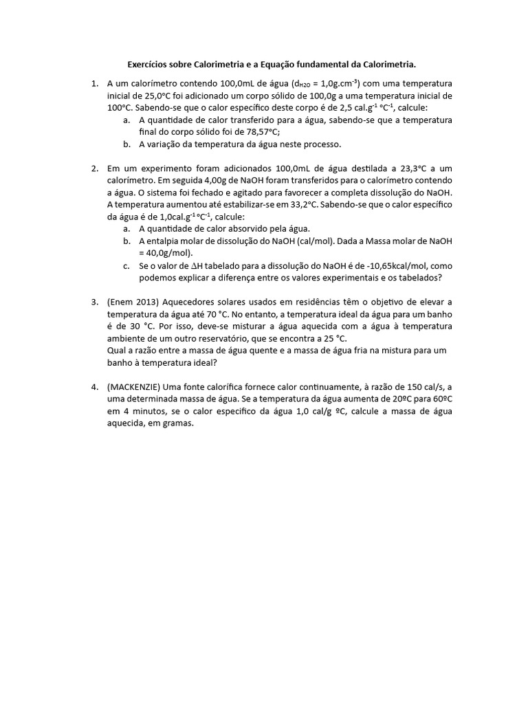 Exercícios sobre Calorimetria e a Equação fundamental da Calorimetria | PDF