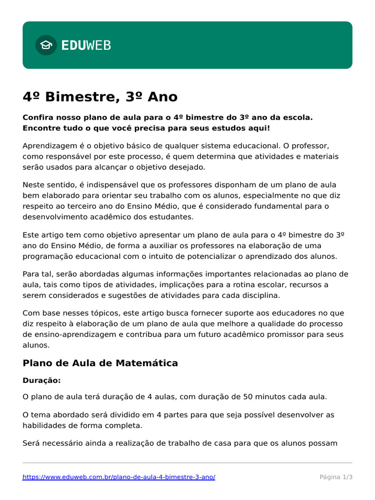 Plano de Aula 4º Bimestre 3º Ano | PDF | Lição | Carreira e Crescimento