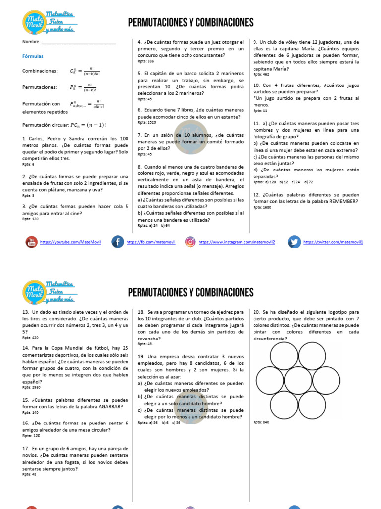 Permutaciones y Combinaciones Ejercicios Resueltos 240911 125557 | PDF