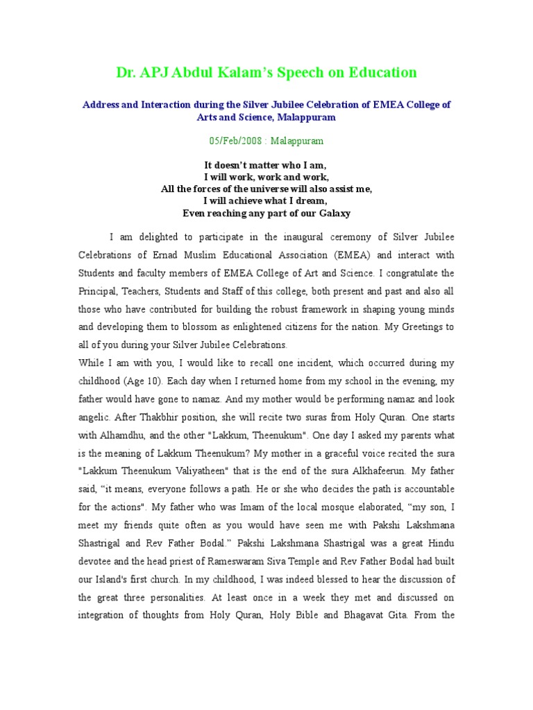 Dr. APJ Abdul Kalam's Speech on Education  Teachers 