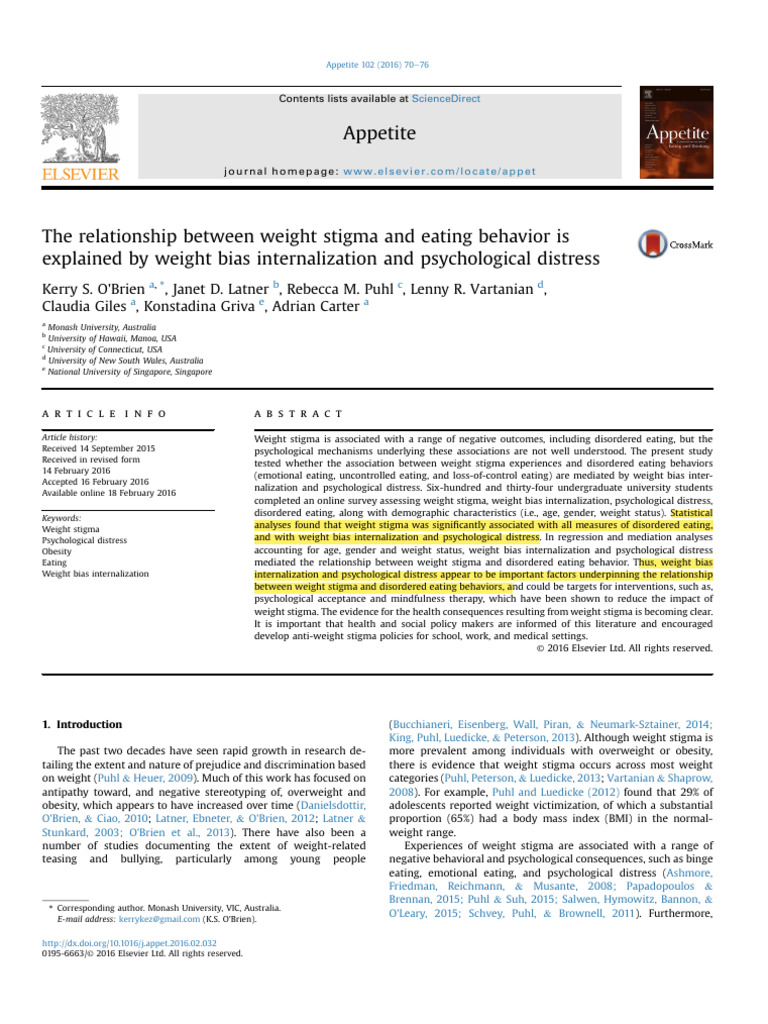 The Relationship Between Weight Stigma and Eating Behavior Is Explaneid ...