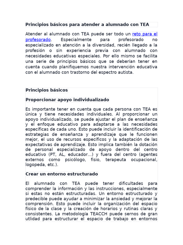 Principios básicos para atender a alumnado con TEA | PDF