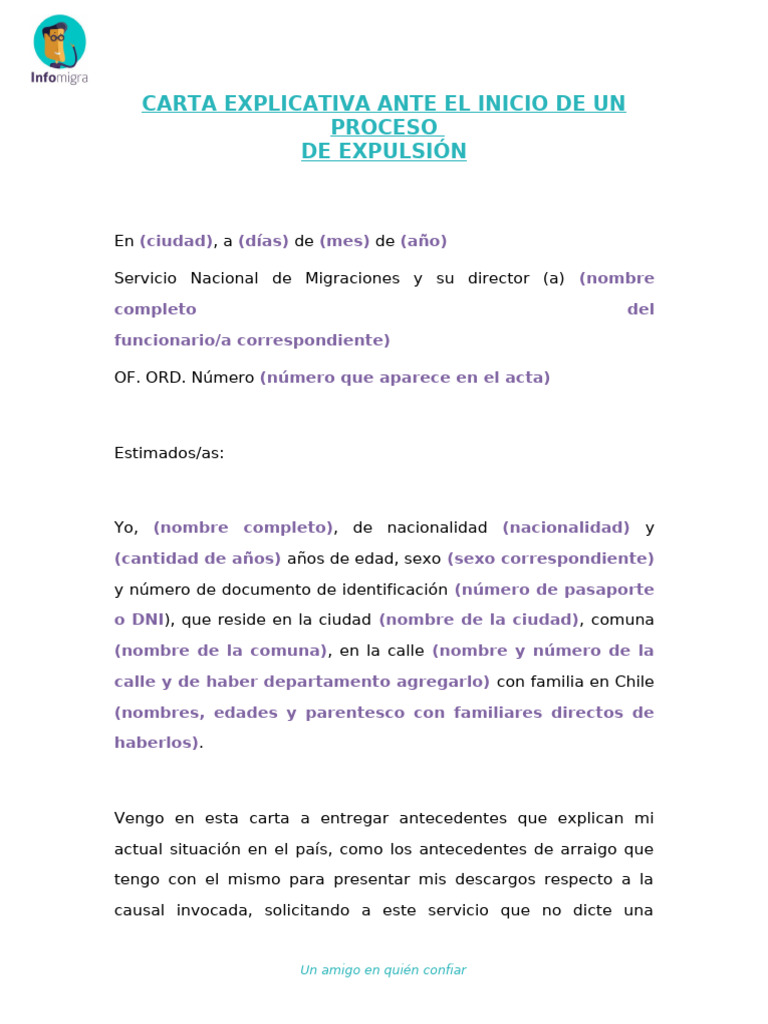Modelo carta explicativa inicio de proceso de expulsion editable