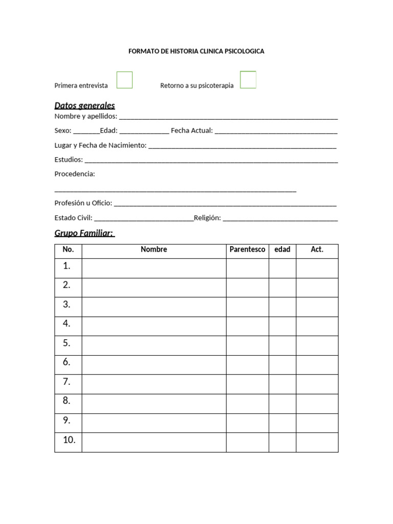 Formato de Historia Clinica Psicologica (1) Incluye Examen Mental. | PDF