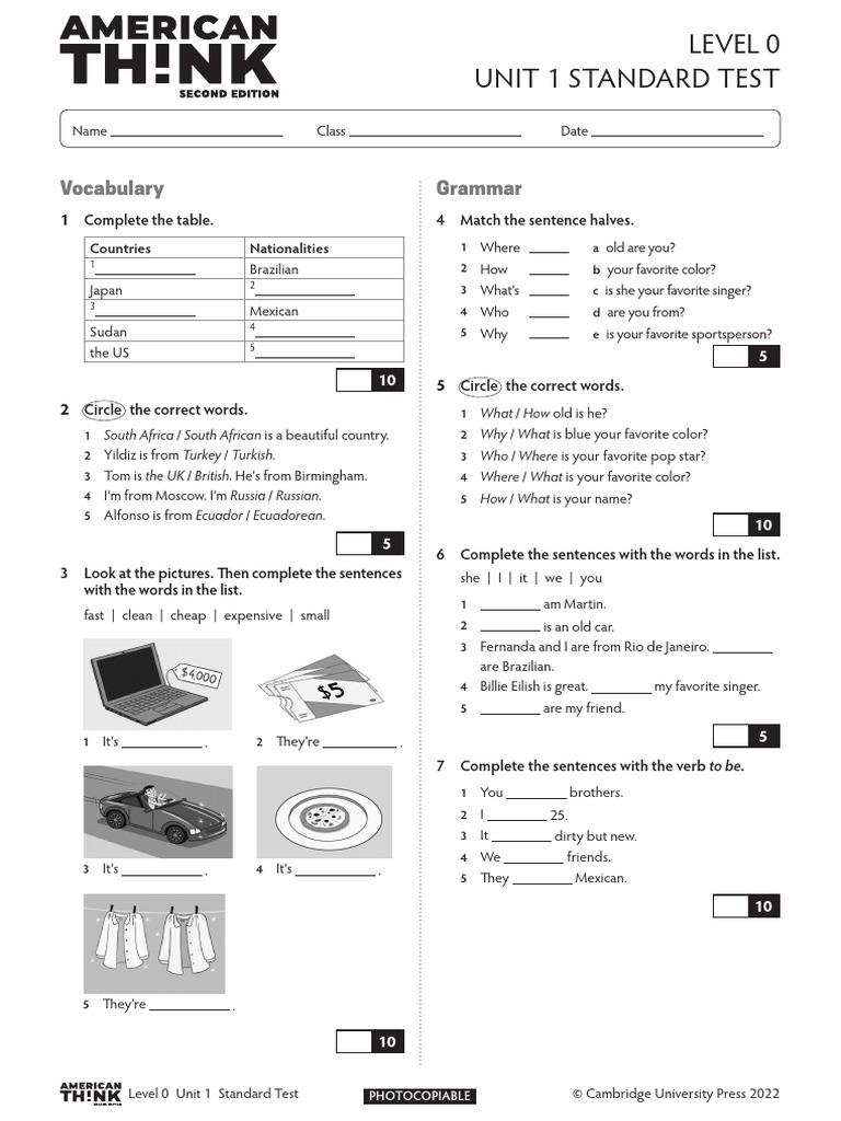 American Think Standart Test - Level 0 - Unit 1 | PDF