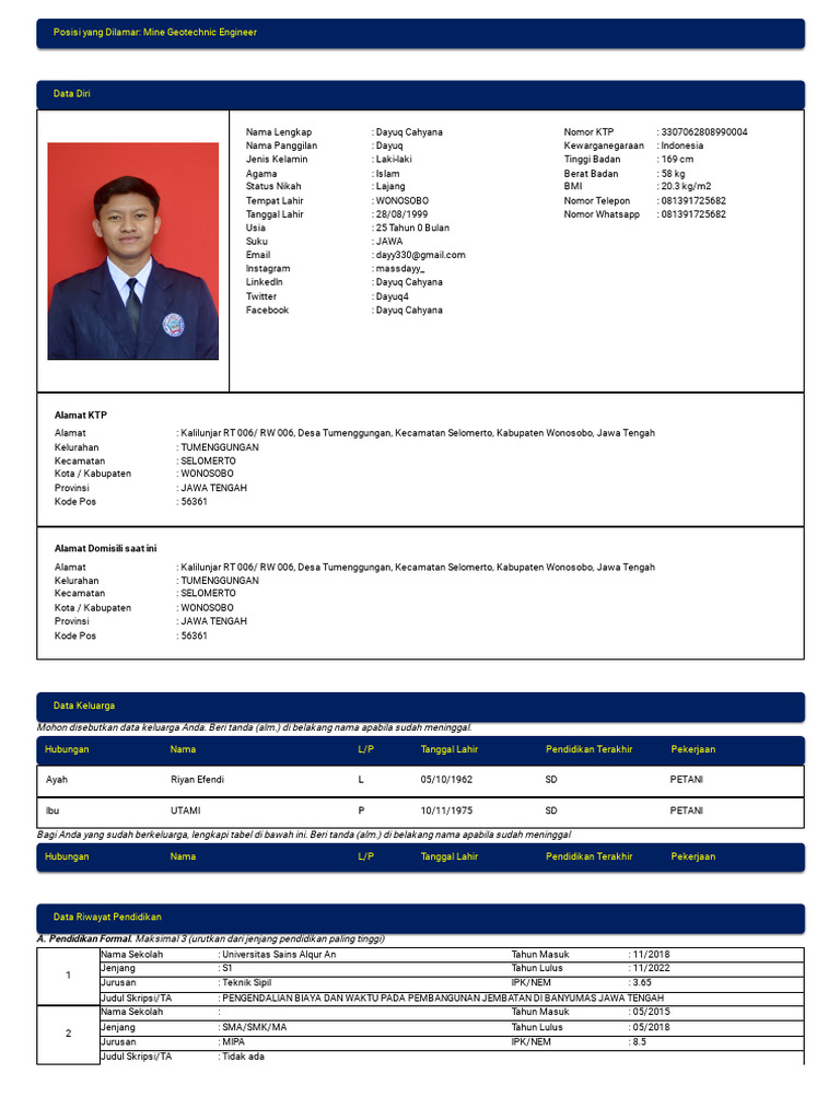 Posisi Yang Dilamar: Mine Geotechnic Engineer: Alamat KTP | PDF