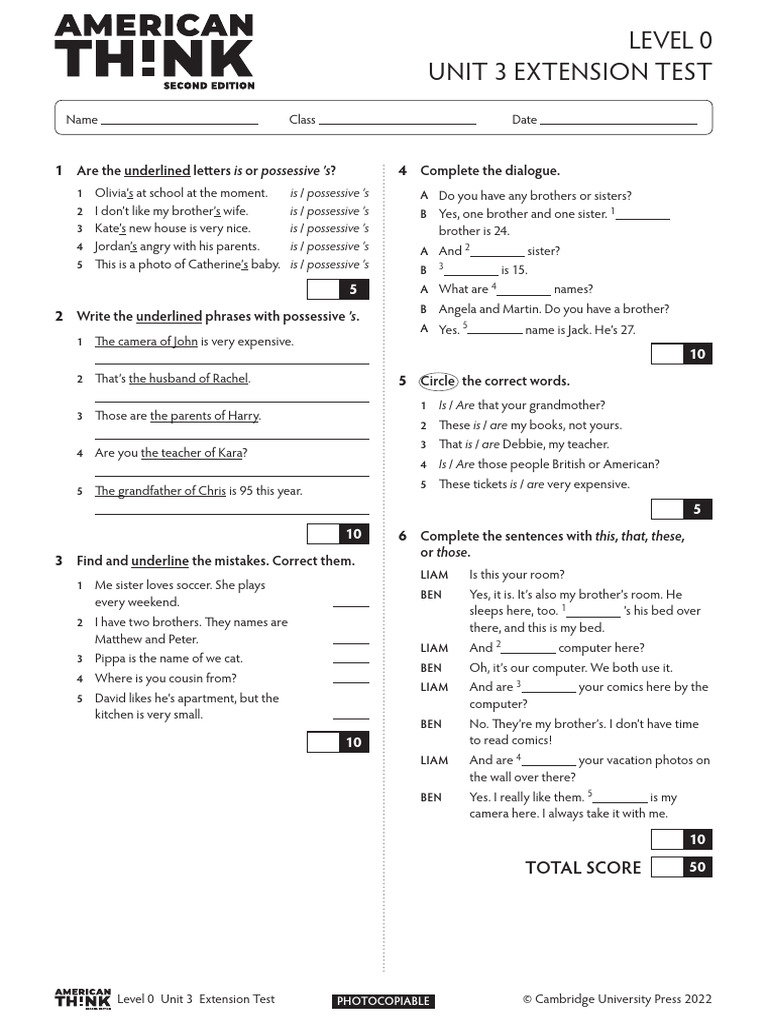American Think Extenstion Test - Level 0 - Unit 3 | PDF