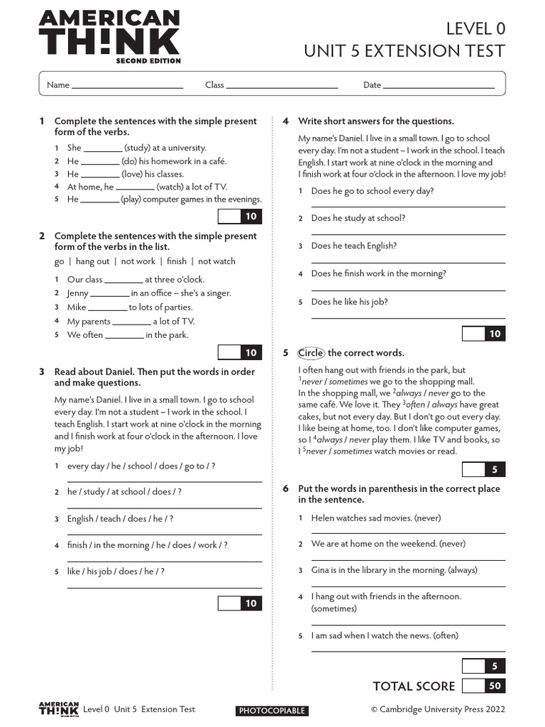 American Think Extenstion Test - Level 0 - Unit 5 | PDF