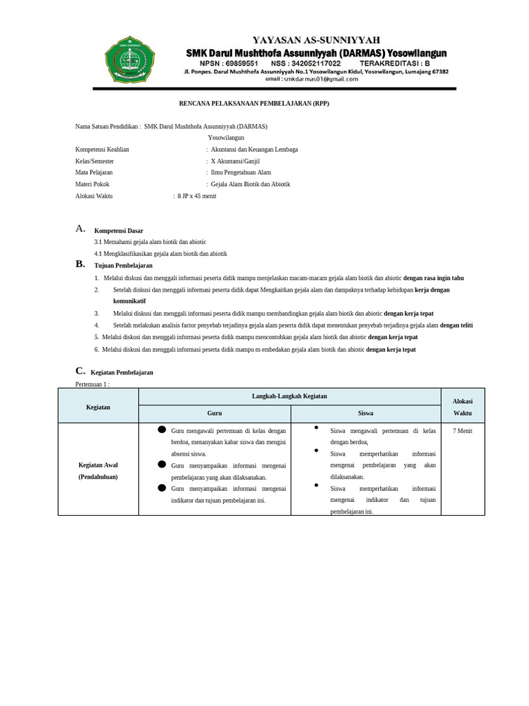 Contoh RPP Dan Kisi Dan Instrumen Penilaian | PDF