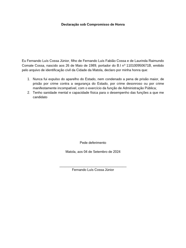 Declaração Sob Compromisso de Honra | PDF
