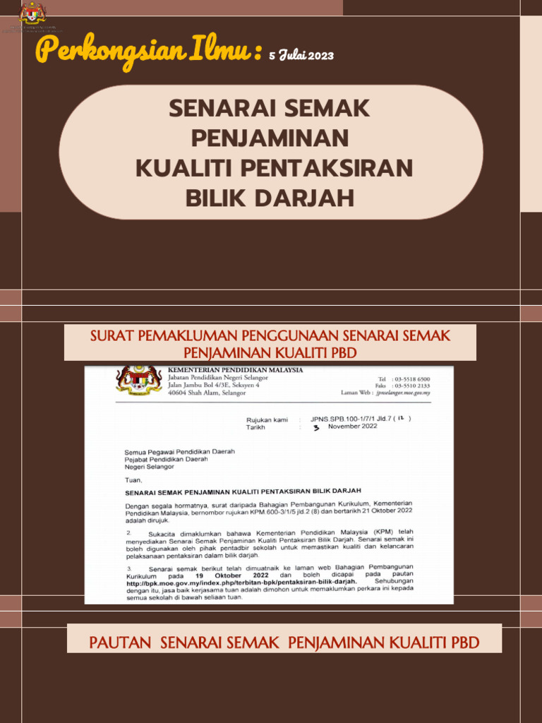 05 Julai 2023 Senarai Semak PENJAMINAN KUALITI PBD | PDF