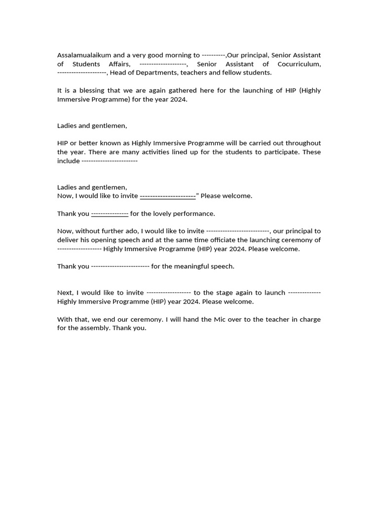 EMCEE TEXT FOR HIP LAUNCHING CEREMONY Share | PDF
