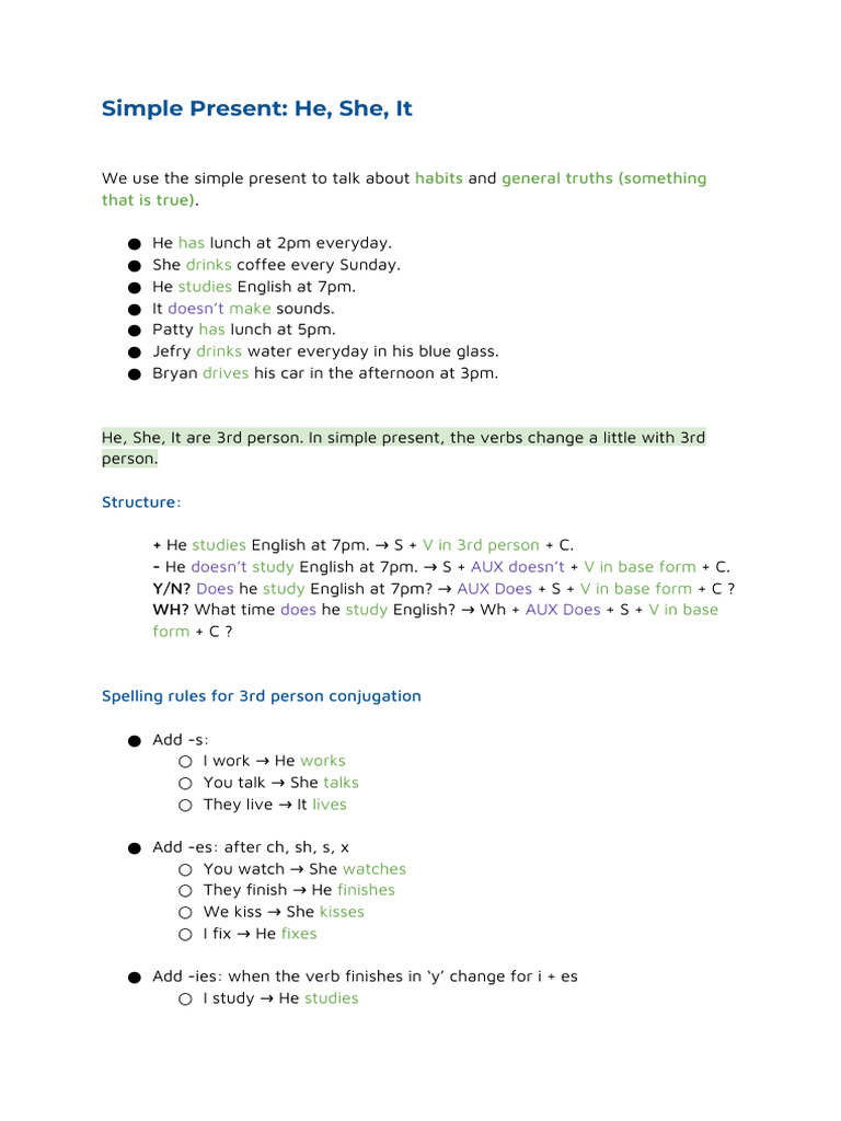 Day 3 - Simple Present - He, She, It | PDF | Linguistic Typology | Wellness
