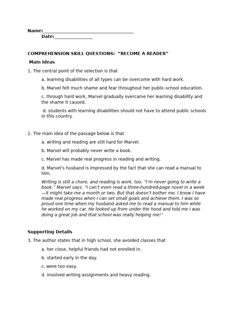Become A Reader Comprehension Questions | PDF