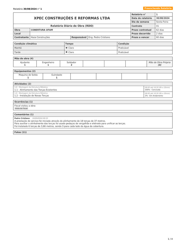 Relatorio Diario de Obra (Rdo) N 1 30-08-2024 | PDF