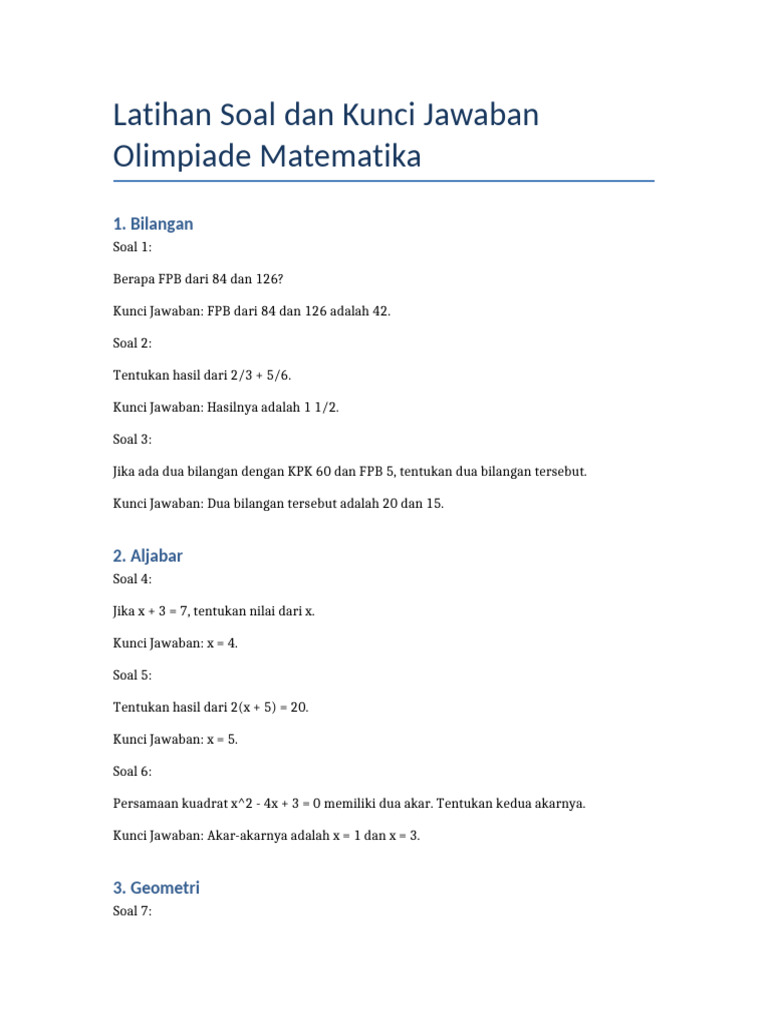 Latihan Soal Dan Kunci Jawaban Olimpiade Matematika Pdf