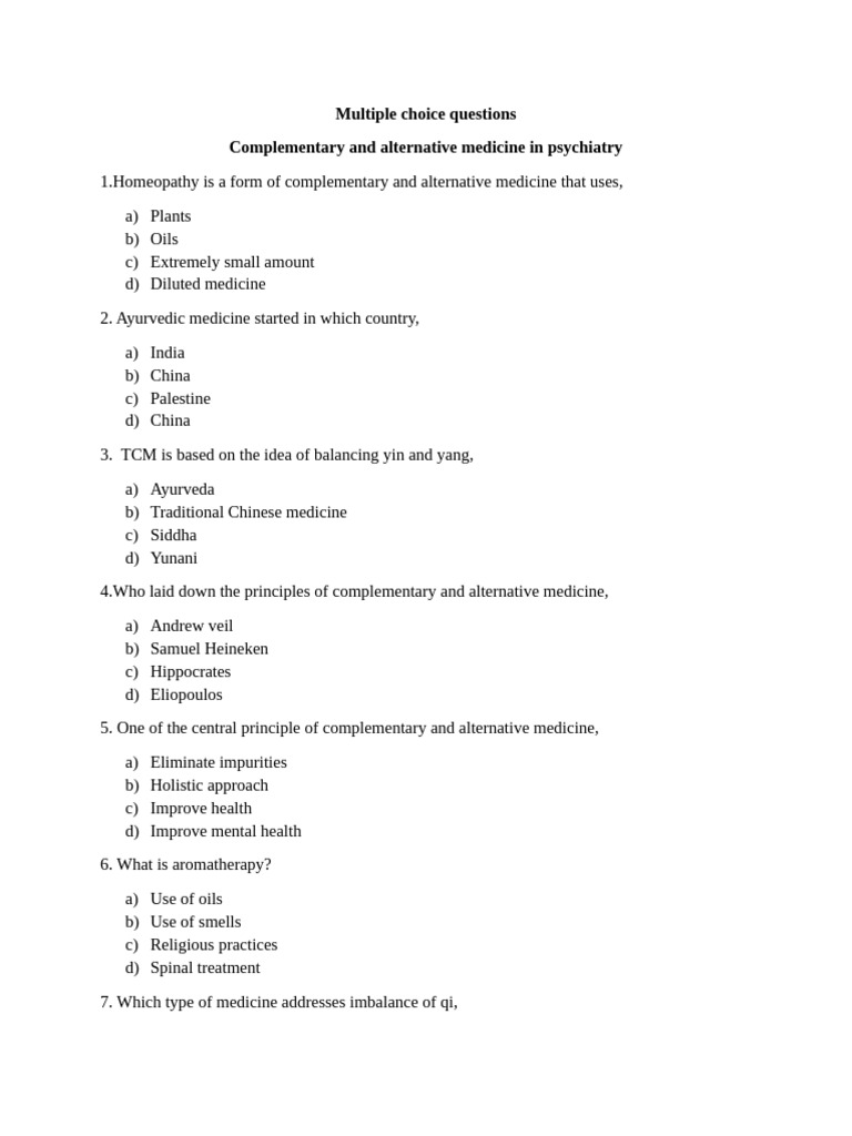 MCQs on Complementary Medicine | PDF | Ayurveda | Self-Improvement