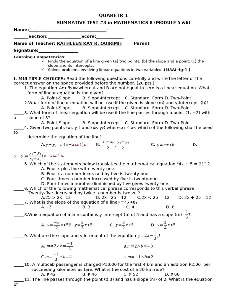 Summative 3 Math 8 q1 | PDF