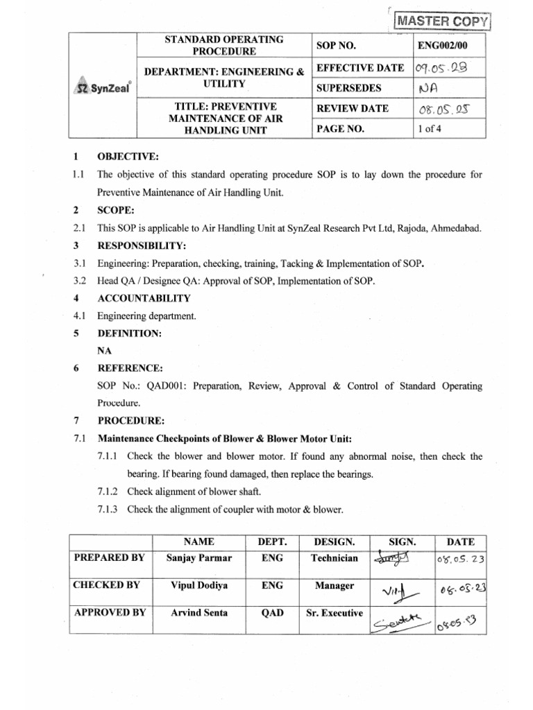 ENG002 - 00-Preventive Maintenance of Air Handling Unit | PDF