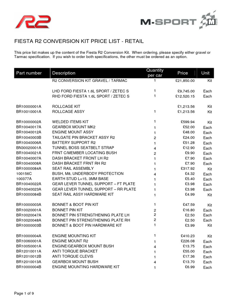 Fiesta R2 Conversion Kit Price List | PDF | Brake | Clutch
