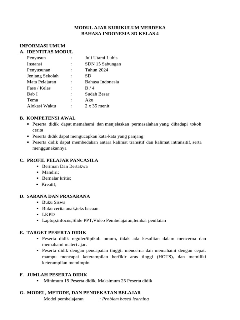Modul Ajar Kurikulum Merdeka Bahasa Indonesia SD Kelas 4 Ukin | PDF