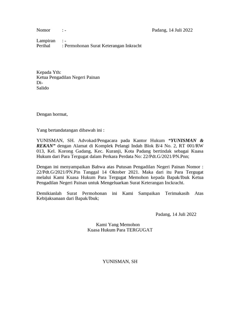 Permohonan Surat Keterangan Inkracht | PDF