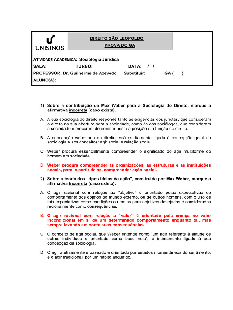 GABARITO - Prova Do GA de Sociologia Jurídica | PDF
