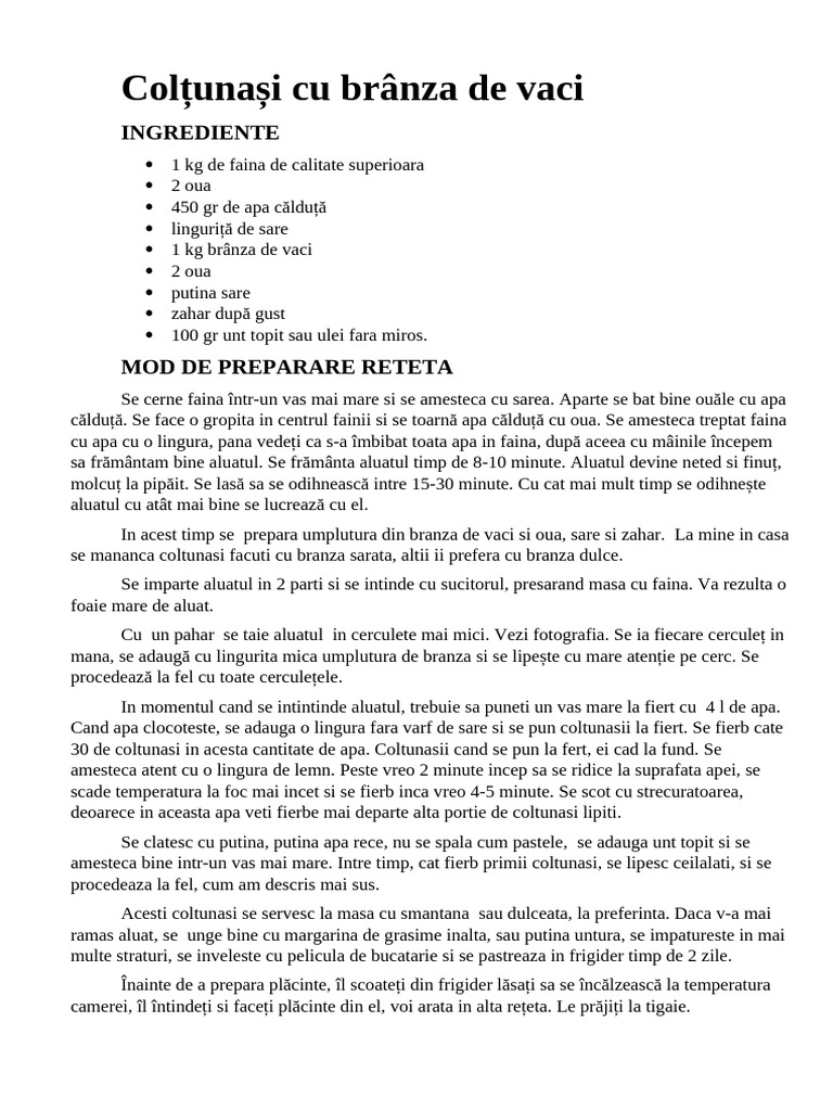 Coltunasi Cu Brinza de Vaci | PDF