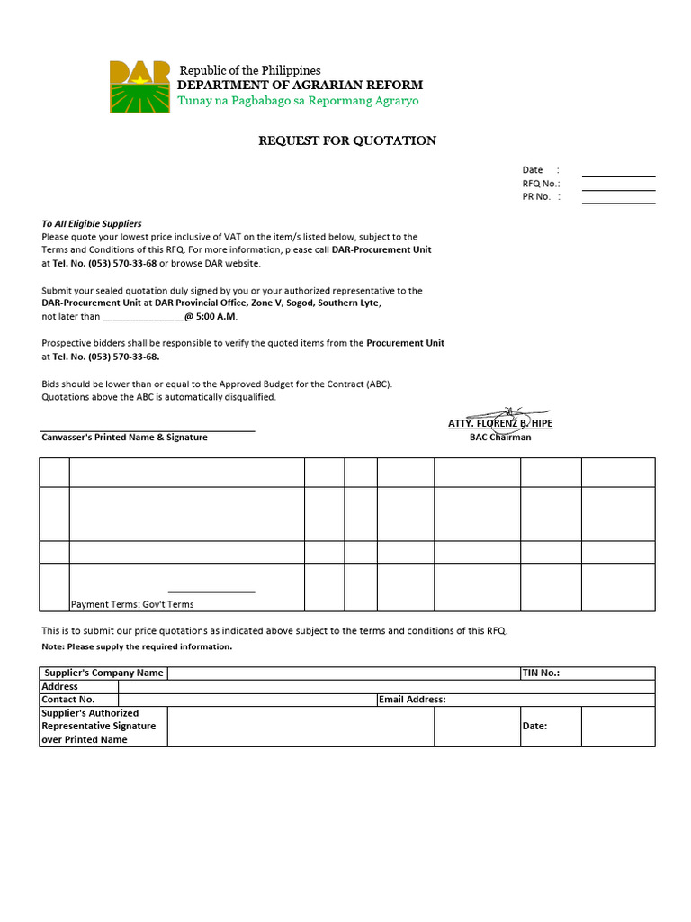 Tunay Na Pagbabago Sa Repormang Agraryo: Request For Quotation | PDF