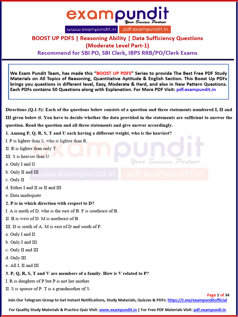 Reasoning Data Sufficiency Moderate Questions Part 1 Boost Up Pdfs | PDF
