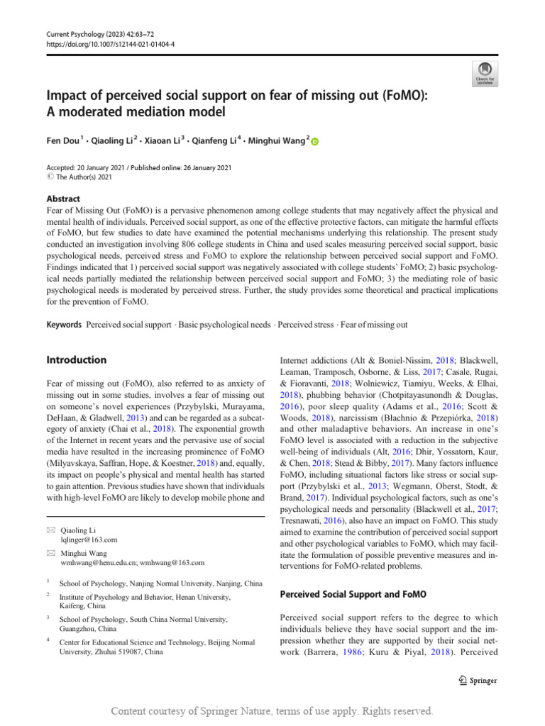 Impact of Perceived Social Support On Fear of Miss | PDF