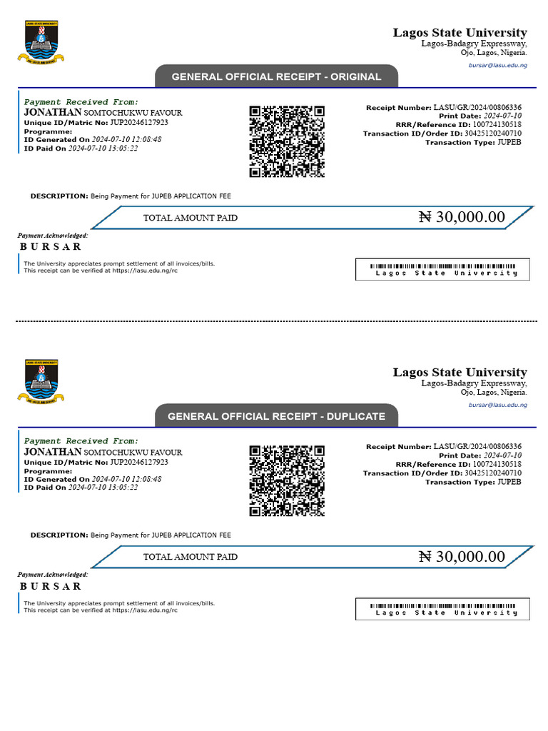 JONATHAN Receipt For JONATHAN SOMTOCHUKWU - Payment For JUPEB ...