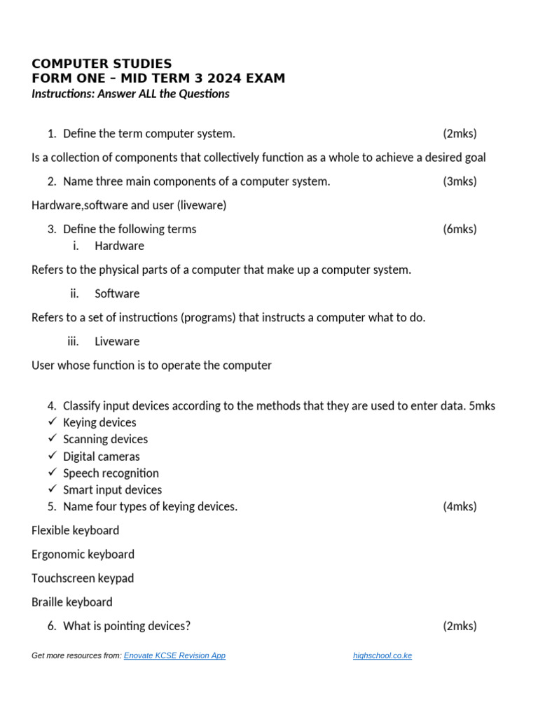 Form 1 Computer MS-1 | PDF
