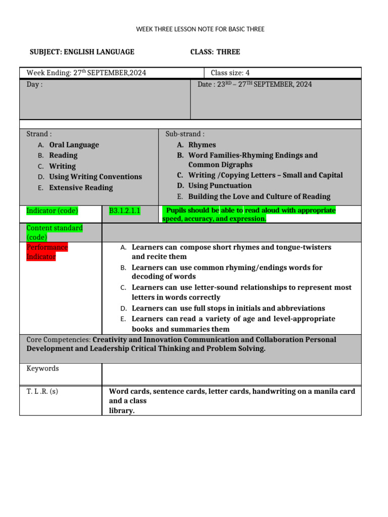 Basic Three Lesson Note WK 3 | PDF
