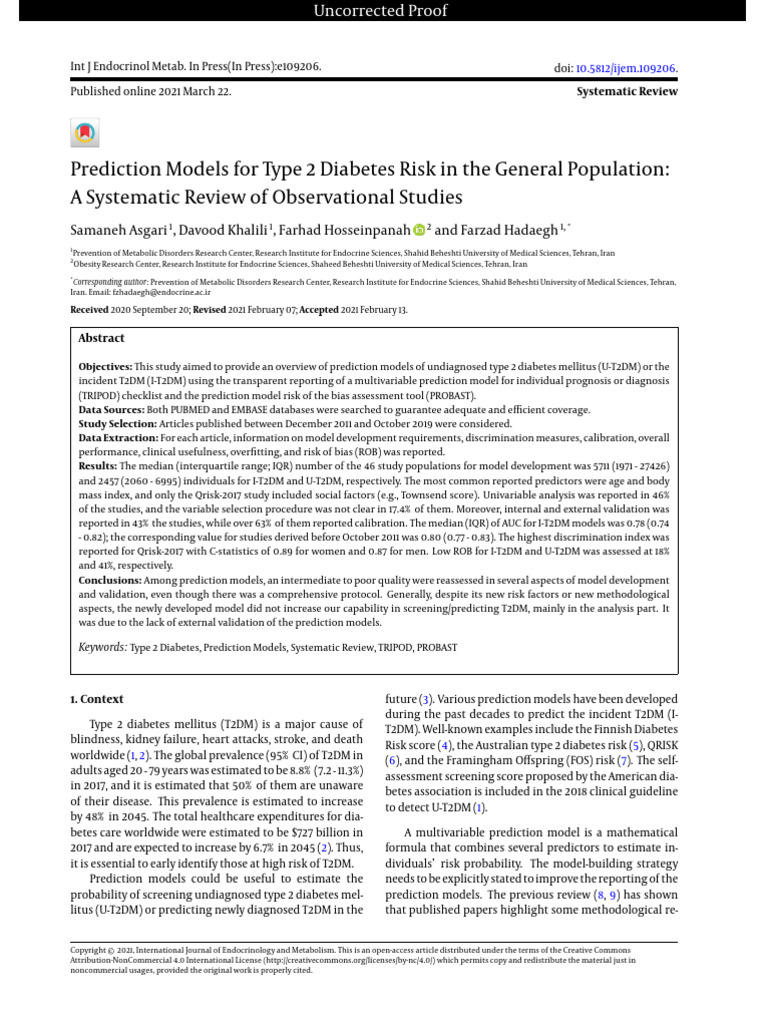 Prediction Models For Type 2 Diabetes Risk in The | PDF | Systematic ...