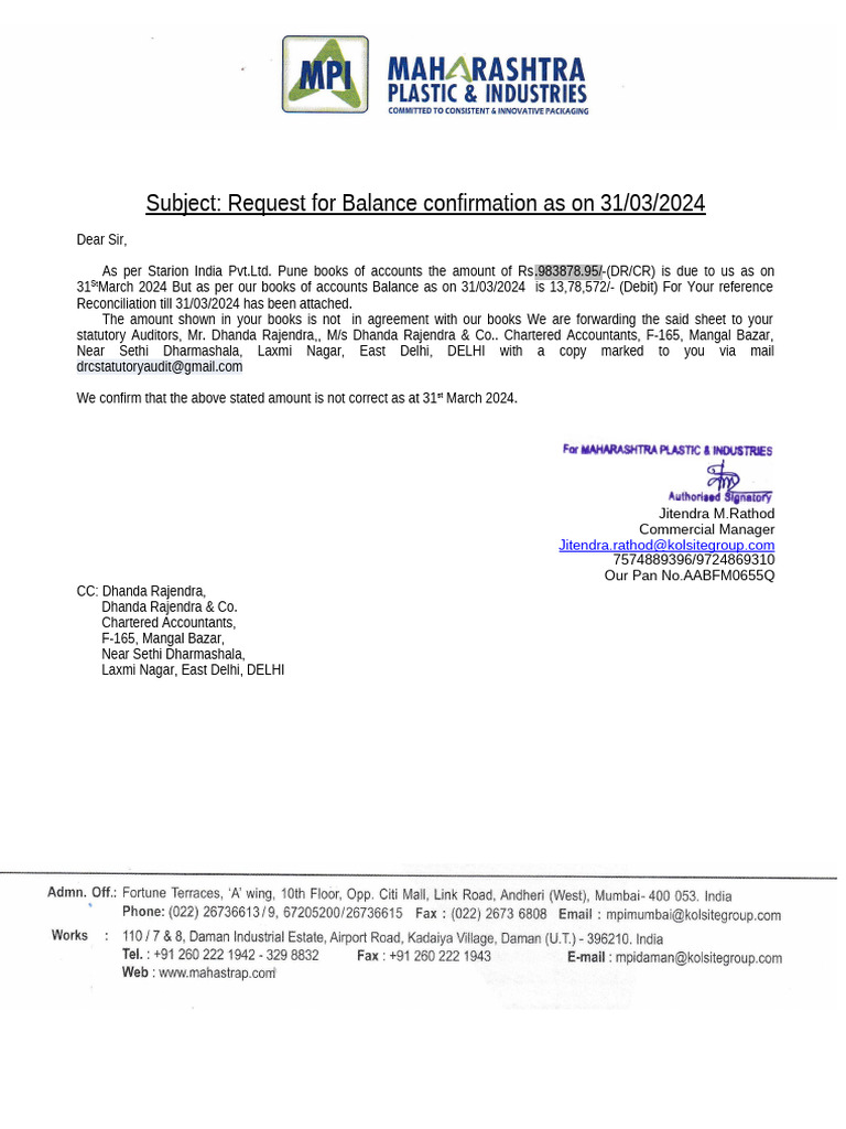 F.Y. 2023-24 Balance Confirmation | PDF | Business