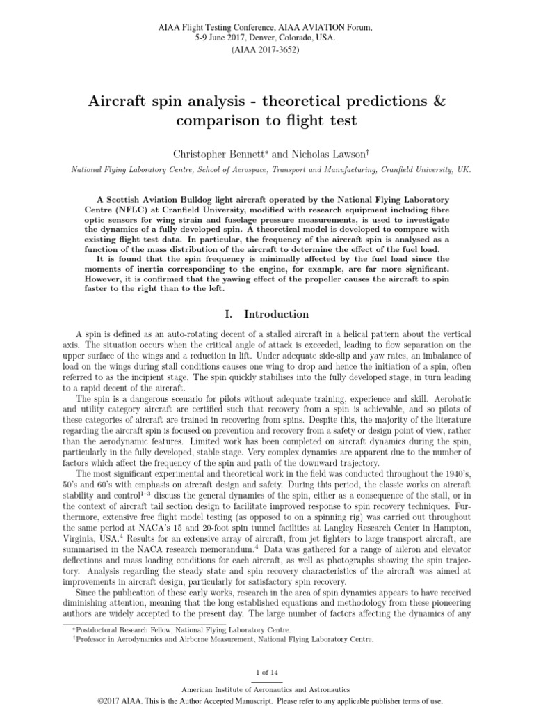 The Aircraft Spin A Mathematical Approach | PDF
