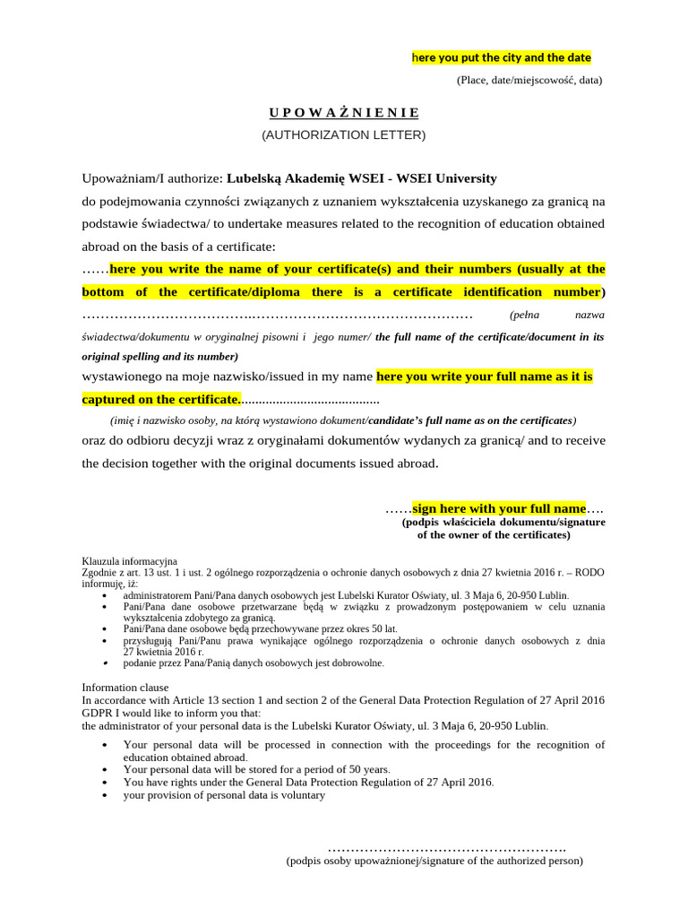 Authorization Letter - Example | PDF