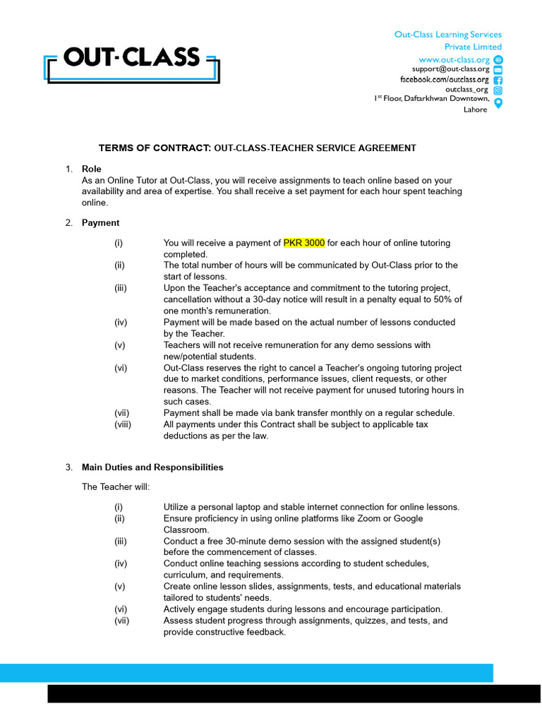 OC - Live Tutoring Contract - Teachers | PDF