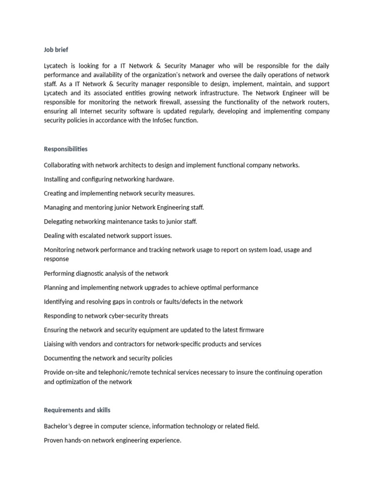 JD For Network Manager | PDF